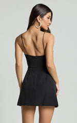 Bernice Mini Dress - Plunge Neck Bow Split Dress in Black