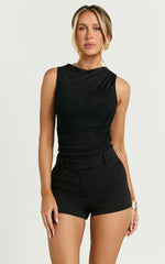 Blythe Top - High Neck Gathered Mesh Top in Black