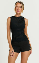 Blythe Top - High Neck Gathered Mesh Top in Black
