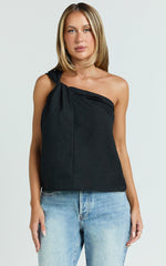 Bobbi Top - Linen Look Knot Detail One Shoulder Top in Black