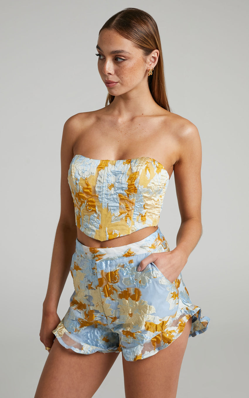 Brailey Shorts - Frill Hem Shorts in Blue & Yellow Jacquard