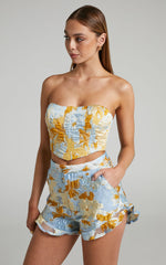 Brailey Shorts - Frill Hem Shorts in Blue & Yellow Jacquard