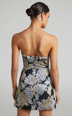 Brailey Mini Dress - Strapless Dress in Black, Silver & Gold Jacquard