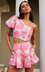 Brailey Two Piece Set - One Shoulder Puff Sleeve Top and Shorts Set in Light Pink Jacquard
