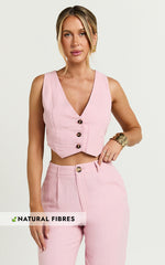 Bree Top - Linen V Neck Button Up Cropped Vest in Light Pink
