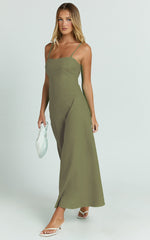 Brette Midi Dress - Linen Straight Neck Strappy Fit And Flare Dress in Olive