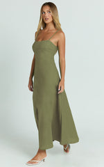Brette Midi Dress - Linen Straight Neck Strappy Fit And Flare Dress in Olive