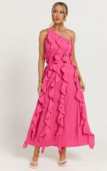 Britney Midi Linen Blend Dress - One Shoulder Ruffle Detail Dress in Pink