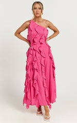 Britney Midi Linen Blend Dress - One Shoulder Ruffle Detail Dress in Pink