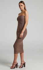 Brunetta Midi Dress - Strapless Mesh Dress in Mushroom