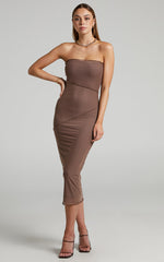 Brunetta Midi Dress - Strapless Mesh Dress in Mushroom