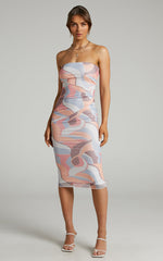 Brunetta Midi Dress - Strapless Mesh Dress in Retro Swirl