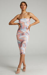 Brunetta Midi Dress - Strapless Mesh Dress in Retro Swirl