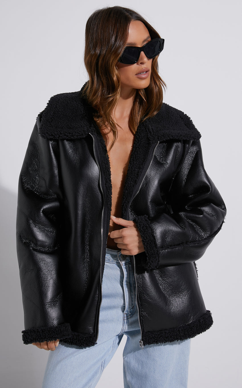 Rheina Jacket - Borg Faux Leather Jacket in Black