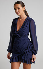 Can I Be Your Honey Mini Dress - Plunge Balloon Sleeve Dress in Navy