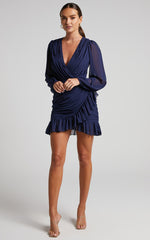 Can I Be Your Honey Mini Dress - Plunge Balloon Sleeve Dress in Navy