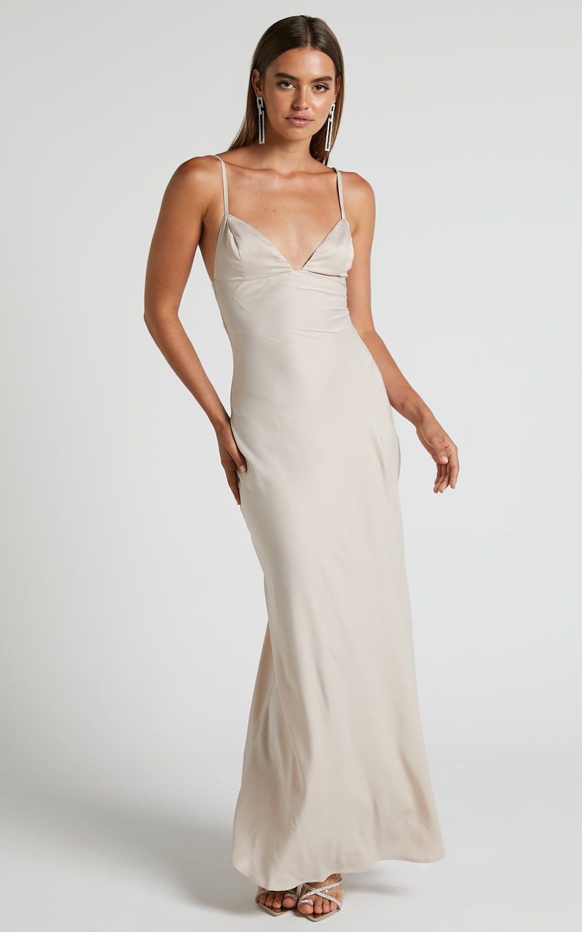Cariela Maxi Dress - Plunge Neck Satin Dress in Champagne