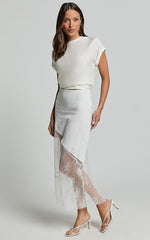 Carina Midi Skirt - Mid Waist Lace Asymmetrical Skirt in Ivory