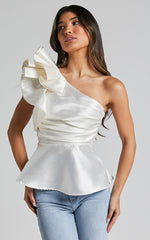 Carizza Top - One Shoulder Flounce Gathered Bodice Top in White