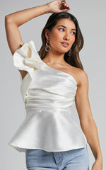 Carizza Top - One Shoulder Flounce Gathered Bodice Top in White