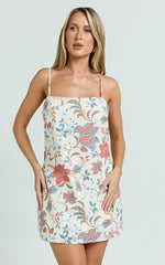 Carlina Mini Linen Dress - Linen Strapped Shift Dress in Summer Chintz