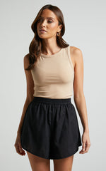 Cartia Short - Linen Look Elasticated Curved Hem Soft Shorts in Black