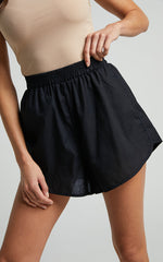 Cartia Short - Linen Look Elasticated Curved Hem Soft Shorts in Black