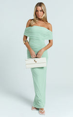 Caterina Maxi - Ruched Off Shoulder Mesh Dress in Sage