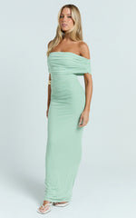 Caterina Maxi - Ruched Off Shoulder Mesh Dress in Sage