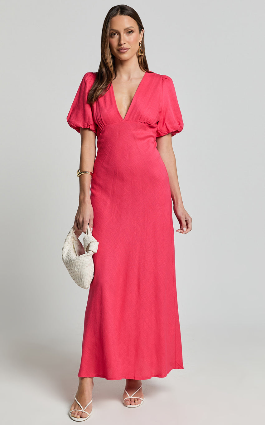 Celeste Midi Dress - Plunge Neck Short Puff Sleeve Linen Blend Dress in Berry
