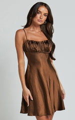 Chanaye Mini Dress - Ruched Bust Satin Cami Dress in Chocolate
