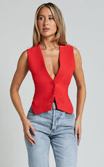 Charla Top - Tailored Button Through Vest in Red