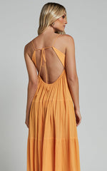 Chila Midi Dress - Strappy Tie Front Low Back Tiered Dress in Papaya Orange