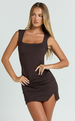 Chloe Mini Dress - Wide Square Neckline Side Split Bodycon Dress in Chocolate