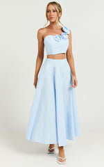 Claire Two Piece Set - One Shoulder Rosette Detail Crop Top And A Line Skirt Set in Powder Blue