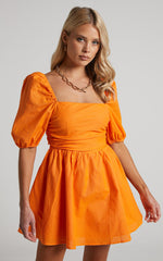 Claudina Mini Dress - Linen Look Puff Sleeve Ruched Bodice Dress in Bright Orange