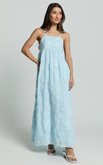 Claya Midi Dress - Sleeveless Straight Neckline Floral Detail Dress in Pale Blue