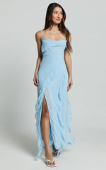 Connie Midi Dress - Ruffle Detail Dress in Blue