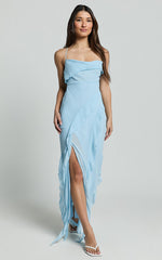 Connie Midi Dress - Ruffle Detail Dress in Blue