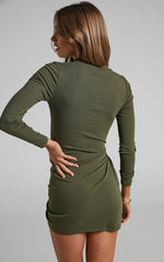 Marleen Mini Dress - Wrap Front Long Sleeve Bodycon Dress in Khaki