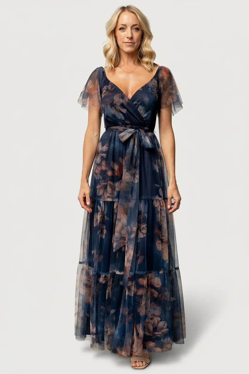 Nicola Tulle Maxi Dress | Dark Blue Floral