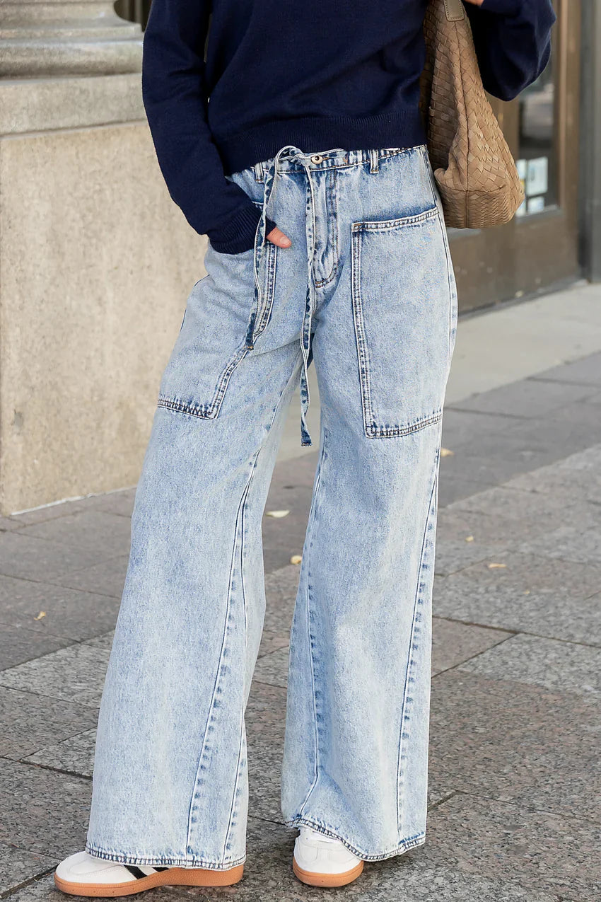 Skyler Drawstring Wide Leg Jeans | Light Wash