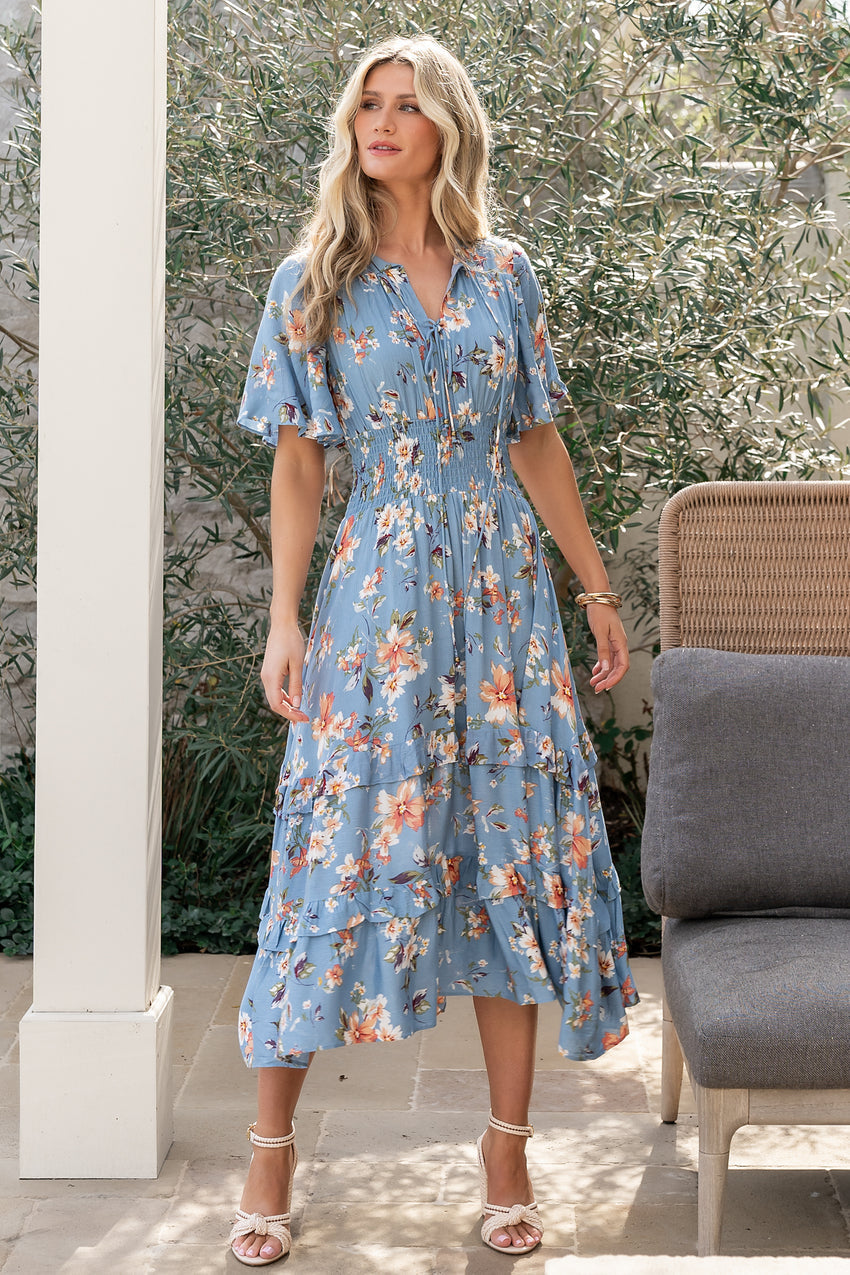 Spell Boho Midi Dress | Blue + Peach Floral