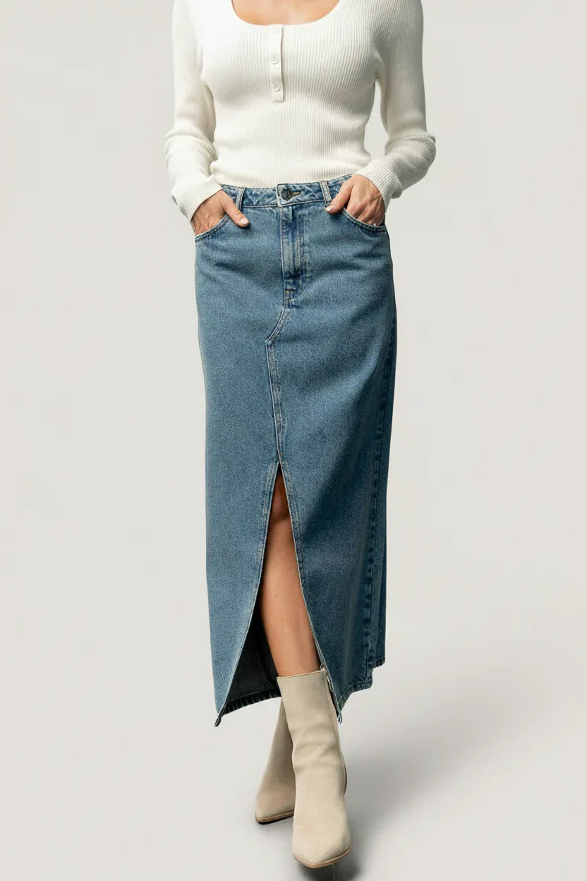 Aleksa Denim Midi Skirt | Medium Wash