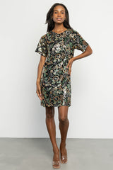 Squires Sequin Short Dress | Black + Green Multi