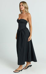 Daria Midi Dress - Strapless Corset Gathered Dress in Black