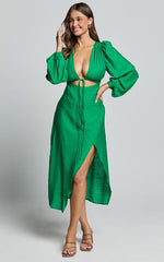Demieh Midi Dress - Front Cut Out Long Sleeve Dress in Green