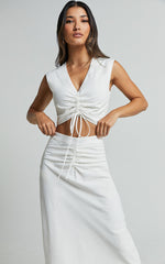 Devan Two Piece Set - Ruched Crop Top and A Line Midi Skirt Set in White