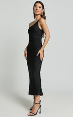 Devon Midi Dress - One Shoulder Slip Dress in Black