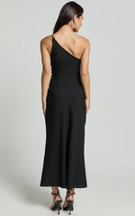 Devon Midi Dress - One Shoulder Slip Dress in Black